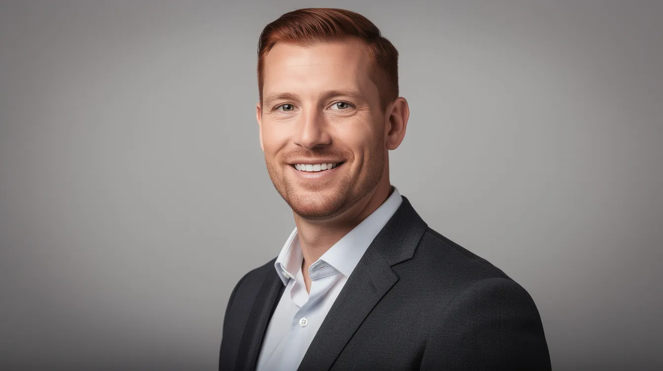A professional headshot of an attractive male real estate agent in his early-to-mid 30s, featuring brownish-red short hair and light scruff, dressed in a tailored dark suit and crisp dress shirt, smiling confidently against a neutral blurred studio background. This image represents the professionalism and approachability needed for navigating the real estate market in areas like Fairfield County and the Connecticut shoreline.