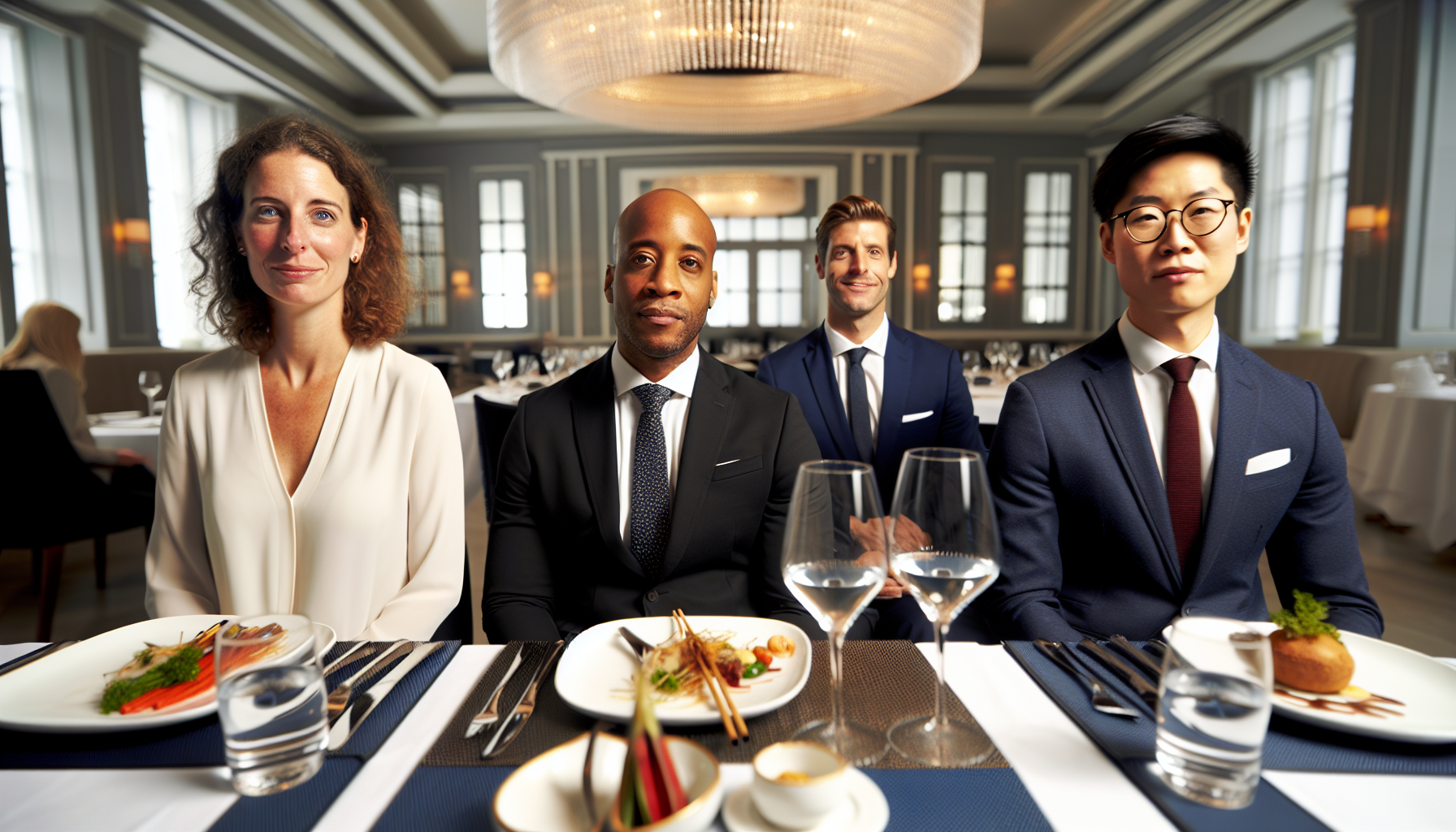 Business professionals dressed in formal attire at a lunch