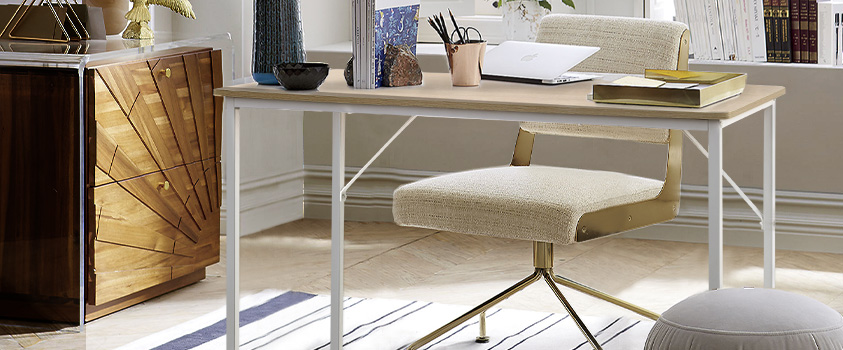 A retro home office with an Artiss White Metal Minimalist Office Desk and a beige and brass office chair.