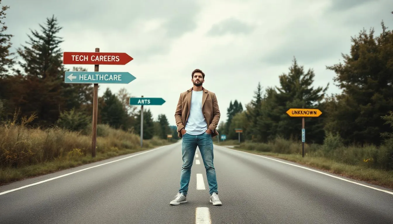 A person stands at a career crossroads, surrounded by multiple directional signs pointing to various paths, symbolizing the overwhelming choices in career options. This scene reflects the stress and uncertainty many face when making significant career decisions, emphasizing the importance of work-life balance and mental health in navigating their future.