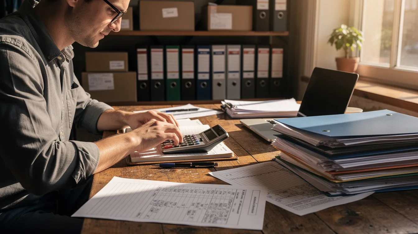 0ec1de13 b91c 4e8b a924 c89bf59462af A person is seated at a small business desk, using a calculator surrounded by papers and a ledger, likely managing finances for their micro enterprise. This scene reflects the careful planning and financial assistance often required by eligible borrowers under schemes like the Pradhan Mantri Mudra Yojana, especially for those who have successfully repaid previous loans.