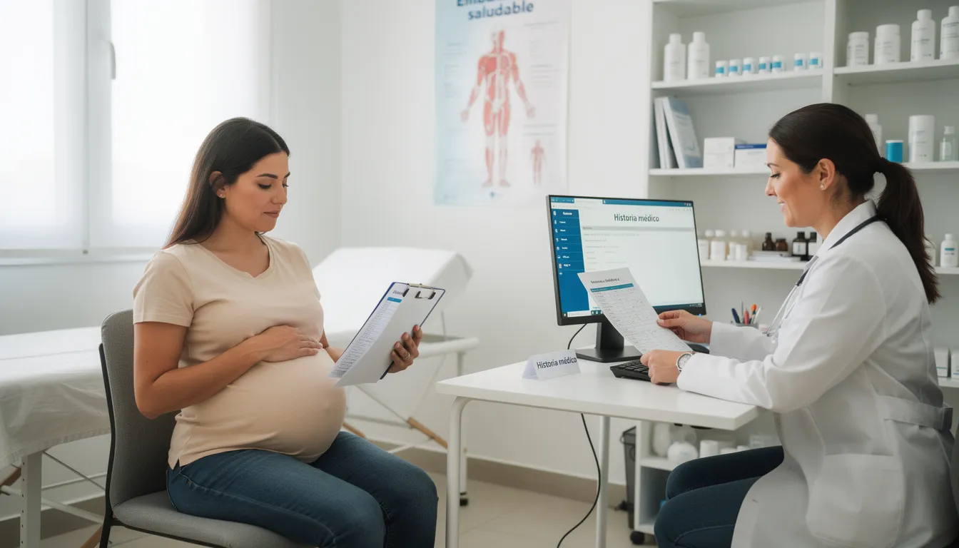 Una mujer embarazada se encuentra en una consulta médica revisando su historia clínica ginecológica con un profesional de salud, quien le proporciona información sobre sus antecedentes y el seguimiento de su embarazo. En la mesa hay documentos y un expediente que contienen detalles sobre su estado de salud y posibles complicaciones.
