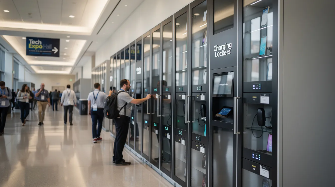 The image depicts multiple phone charging lockers neatly arranged in a convention center hallway, with attendees walking past, showcasing a vibrant event environment. These charging stations provide a convenient solution for guests to charge their mobile devices, enhancing attendee satisfaction and engagement at corporate events and trade shows.