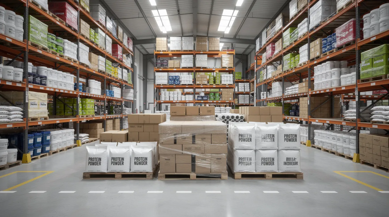 0ec485fb 0a65 44a1 a7c6 fcca3b3e0d4c The image depicts a spacious warehouse interior filled with neatly stacked bags of protein powder and bulk ingredients stored on industrial shelving, highlighting various plant-based proteins such as pea protein and mung bean protein isolates. This organized setup reflects the food industry’s focus on protein quality and functional properties, essential for nutritional supplements and food applications.