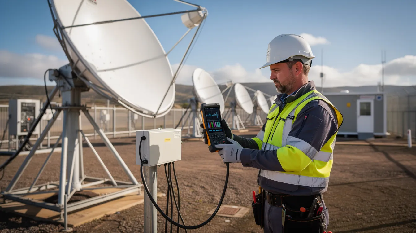 A professional technician is testing satellite equipment using a signal meter, ensuring optimal performance for the DSTV Explora installation. The technician is focused on aligning the satellite dish and checking connections with coaxial cables to provide customers with reliable access to streaming apps like Netflix and YouTube.