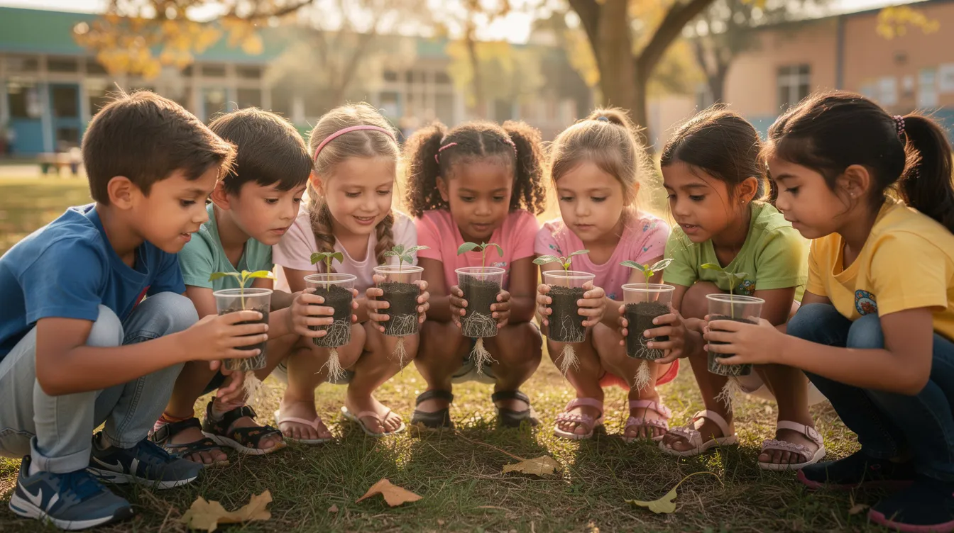 A group of children crouches around small clear cups filled with soil and seedlings, intently observing the root growth during an outdoor hands-on learning activity. This experiential learning experience fosters their natural curiosity and encourages critical thinking skills as they engage with the science project.