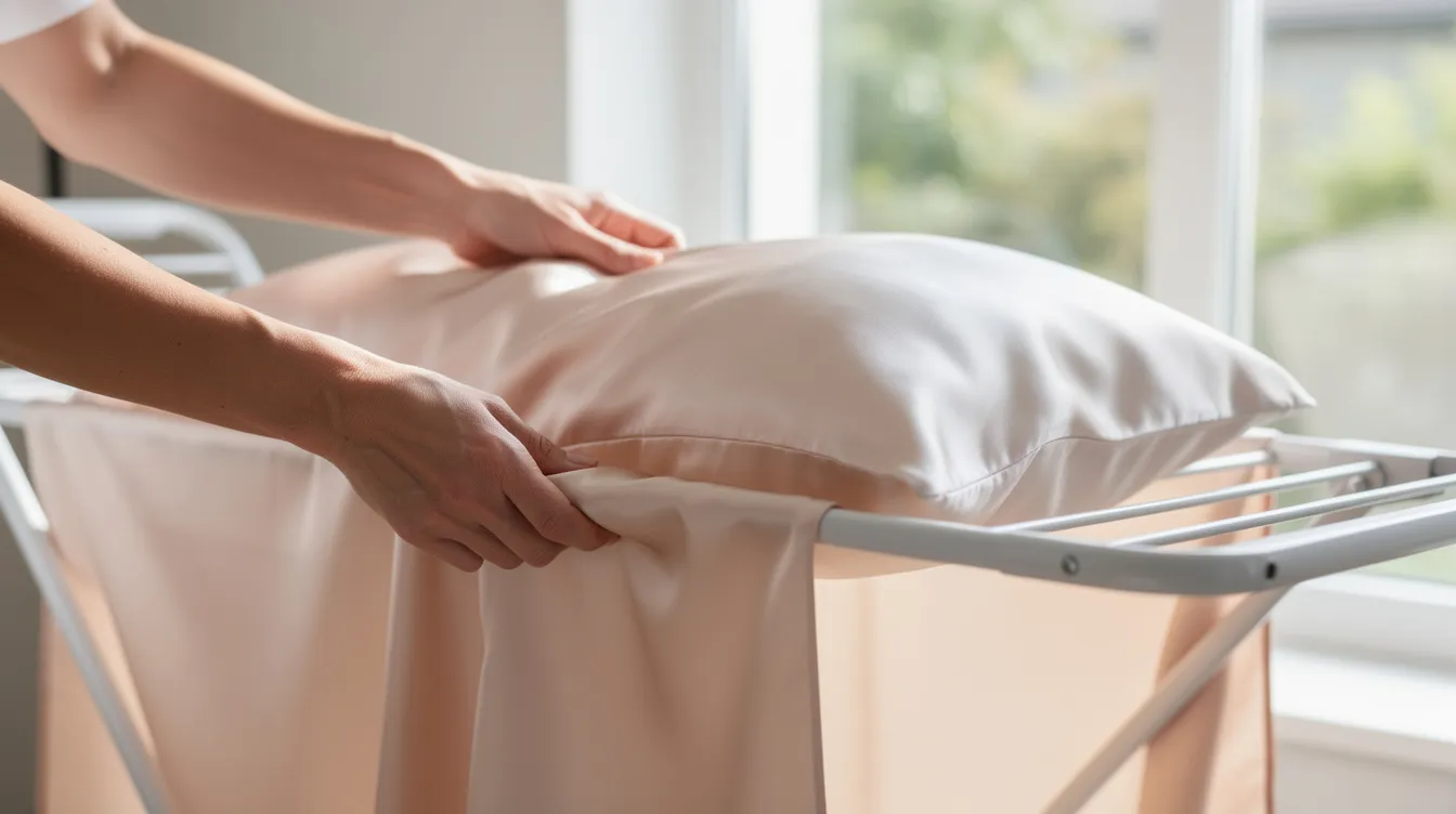 A pair of hands is gently placing a pale silk pillowcase on a drying rack positioned near a bright window, showcasing the smooth surface of the silk that is ideal for reducing frizz and promoting hair health. The soft fabric, unlike cotton, helps maintain moisture retention and minimizes hair breakage, making it a perfect choice for all hair types.