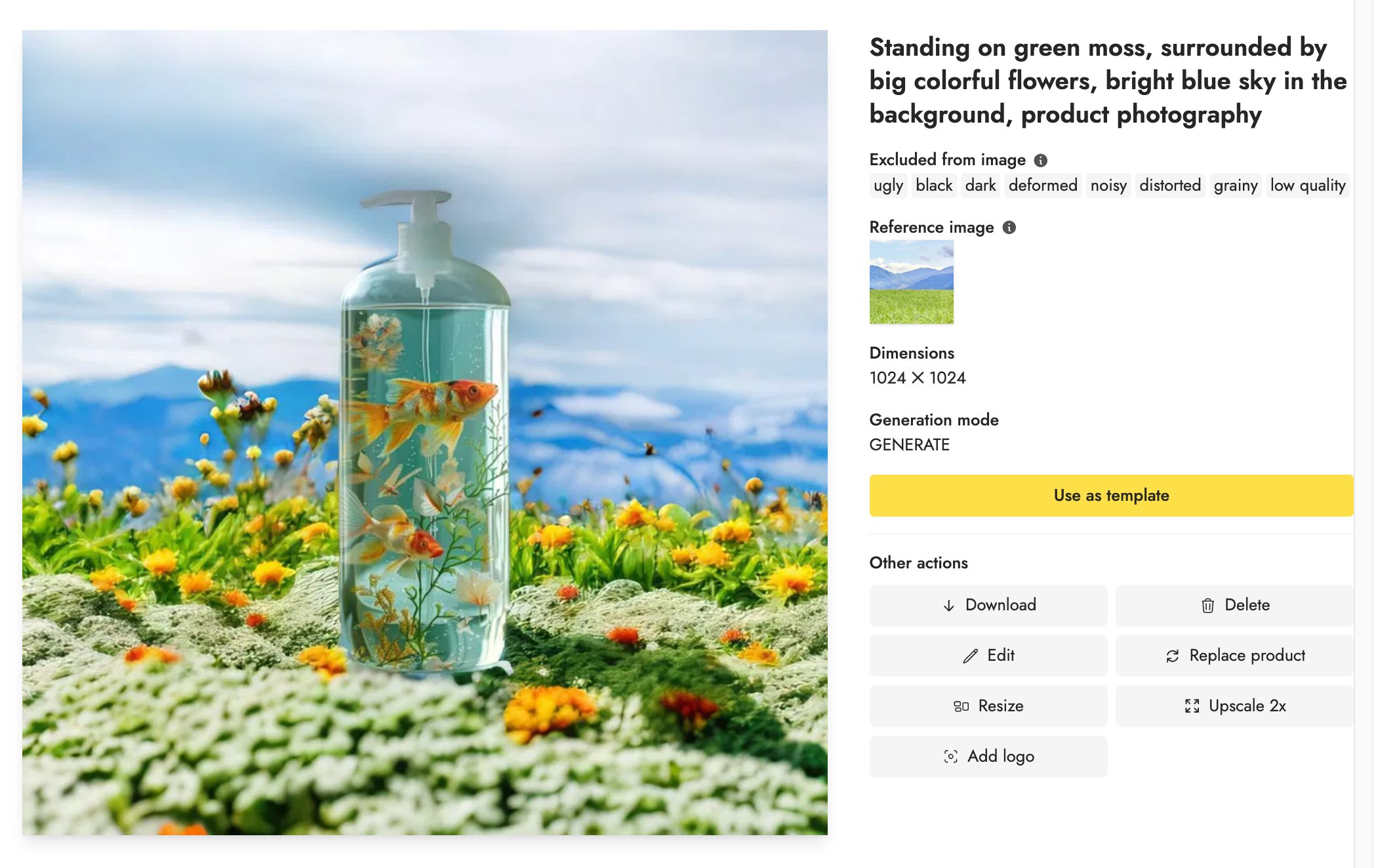 Soap dispenser mockup with goldfish, placed on green moss among vibrant flowers under a bright sky, generated using an AI text prompt