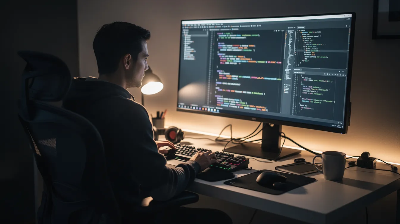 A software developer is seated at a desk in a dimly lit room, focused on a wide monitor displaying multiple code editor windows filled with readable code snippets. The environment suggests a deep engagement in software development, possibly utilizing AI coding tools and code generation techniques to streamline their workflow.