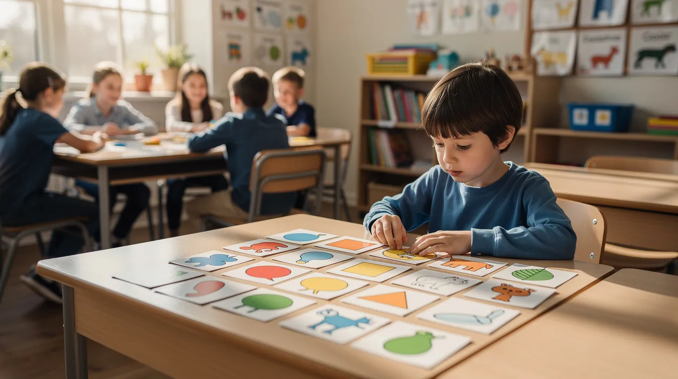 Na obrazku widzimy dziecko siedzące przy ławce w klasie, które samodzielnie pracuje z kolorowymi kartami wizualnymi, koncentrując się na zadaniach dostosowanych do jego indywidualnych potrzeb rozwojowych. W tle inne dzieci współpracują w grupach, co podkreśla różnorodność metod pracy w szkole, uwzględniając potrzeby uczniów wymagających kształcenia specjalnego.