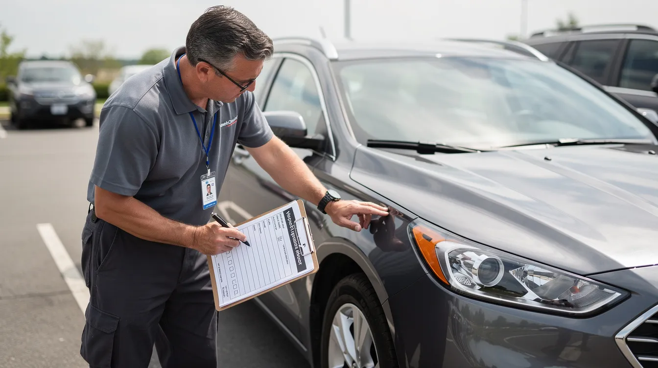 A driver is inspecting the exterior of a vehicle while holding a clipboard, ensuring the vehicle's condition is suitable for dealership car transport. This process is crucial for maintaining quality during auto transport services.