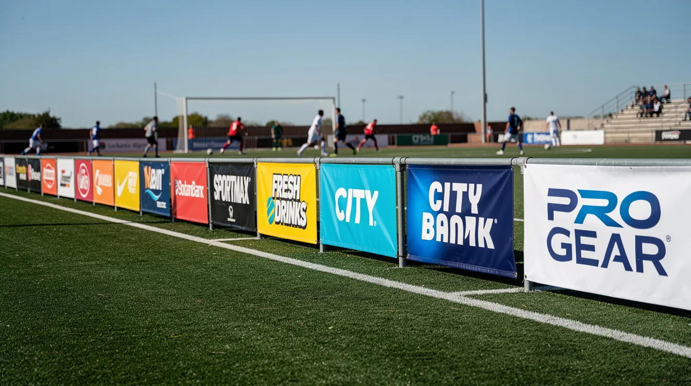 A row of colorful sponsor banners lines the sideline of a sunny soccer field, showcasing various brands and organizations supporting the game. The vibrant display adds to the lively atmosphere of the match, celebrating the community and excitement of soccer on home soil.