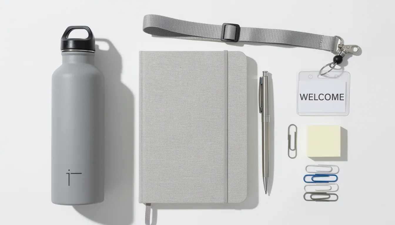 Verschiedene Büromaterialien und Willkommensgeschenke für neue Mitarbeiter ordentlich angeordnet