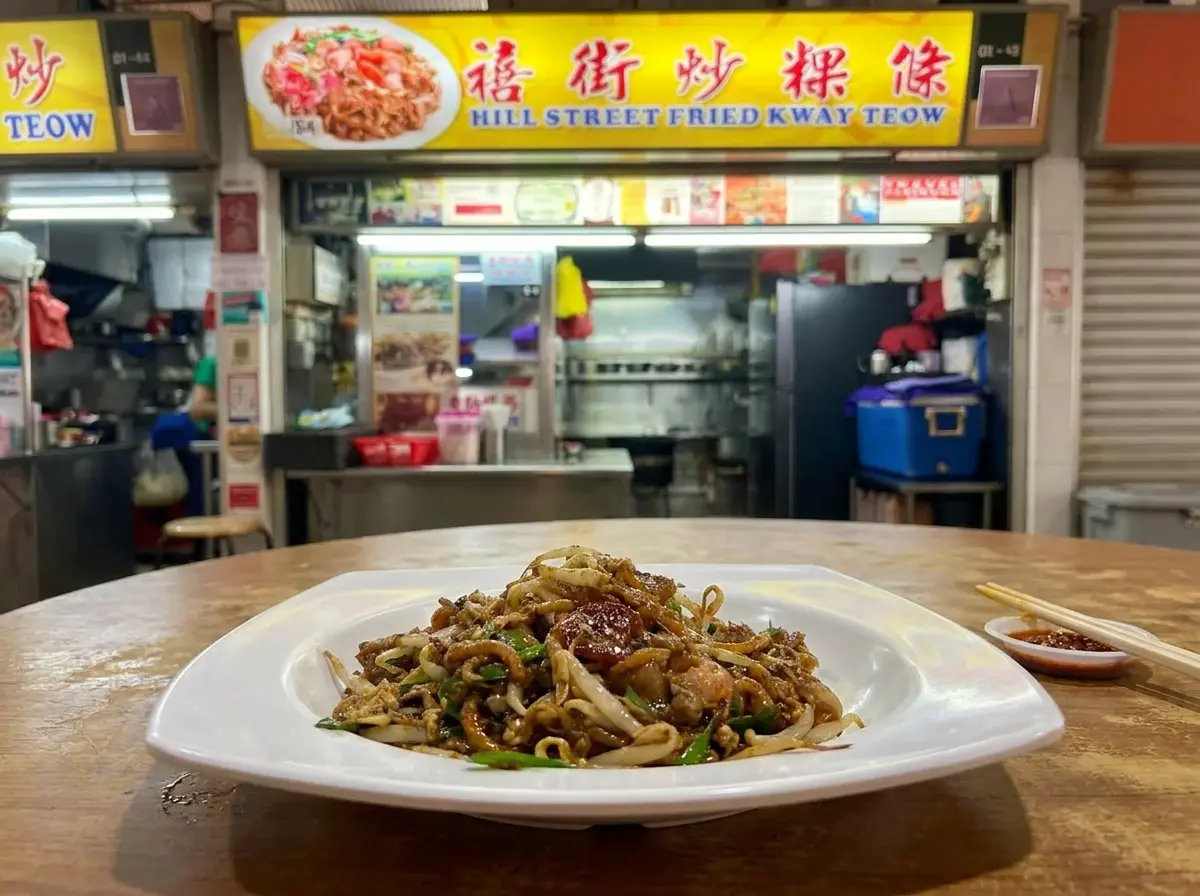 "A white plate of stir-fried Char Kway Teow noodles sits on a wooden table with chopsticks nearby, positioned in front of the 'Hill Street Fried Kway Teow' hawker stall."