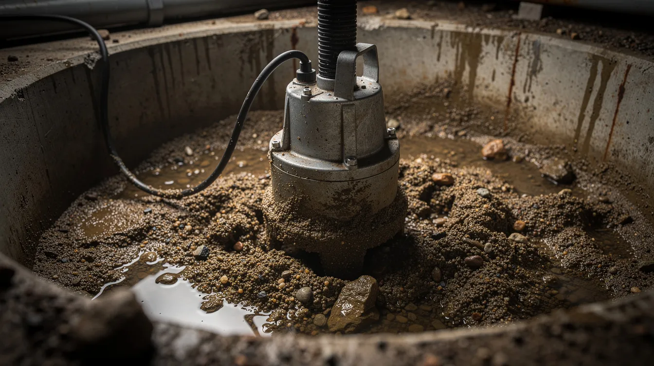 The image shows a submersible sump pump partially covered in gritty sediment within a sump pit, highlighting the importance of regular maintenance to prevent flooding and water damage in homes. This equipment is essential for keeping basements dry, especially during heavy rains in the Phoenix area.