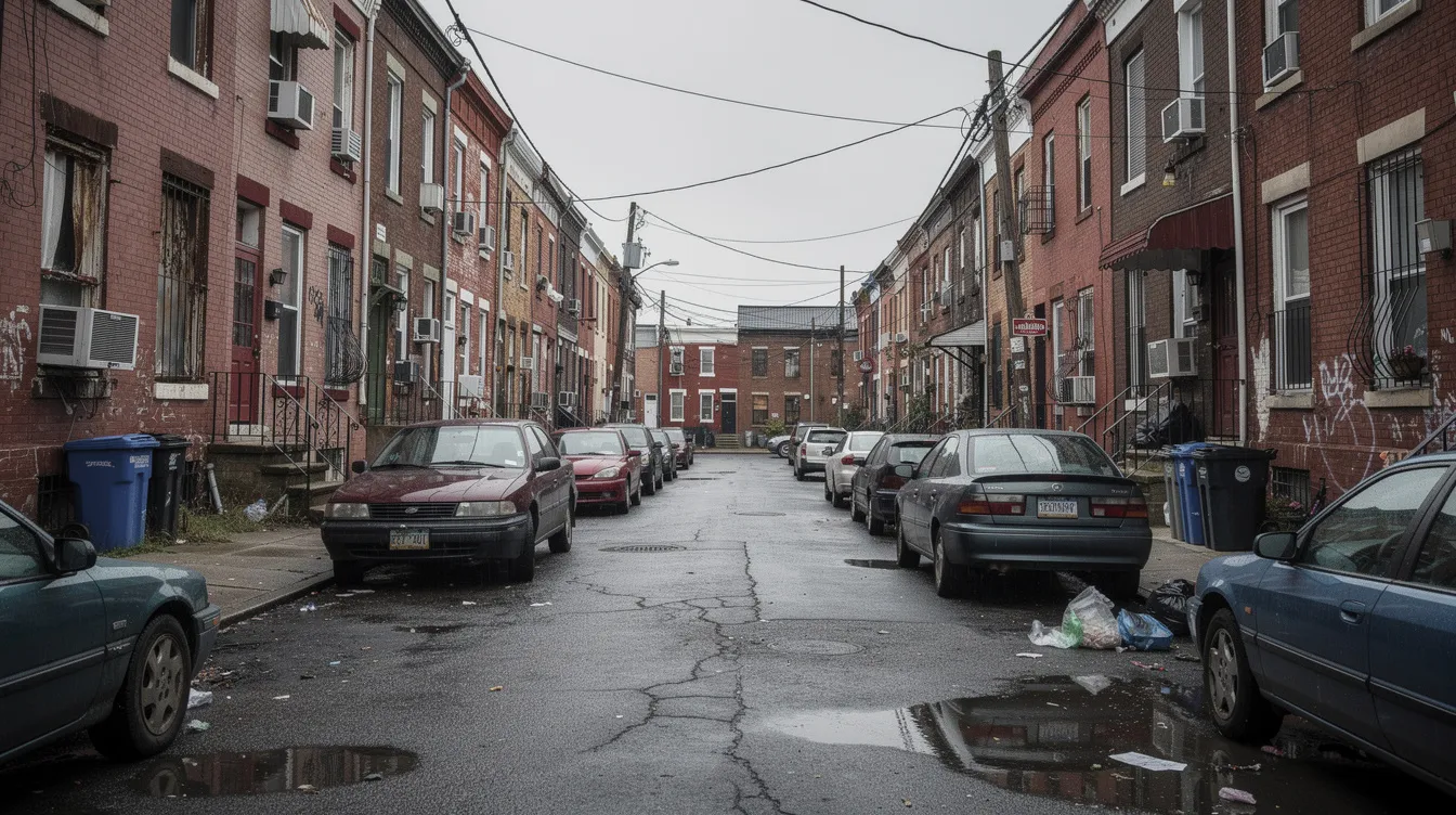 Das Bild zeigt ein heruntergekommenes Wohnviertel in Philadelphia, gekennzeichnet durch enge Backsteinhäuser und parkende Autos unter einem grauen Himmel. Diese Kulisse könnte die raue Realität widerspiegeln, die auch in der Rocky-Saga thematisiert wird, wo der Kampf um das Überleben und die Träume im Vordergrund stehen.