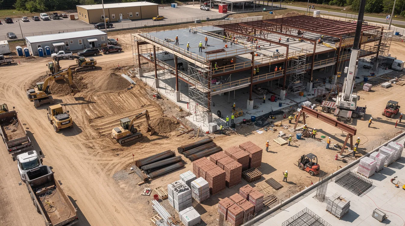 An aerial view showcases an active commercial construction site bustling with multiple crews and heavy equipment, all adhering to safety protocols and wearing personal protective equipment. The scene highlights the importance of risk mitigation and compliance in the construction industry, with project managers overseeing various zones to ensure efficient operations and workplace safety.