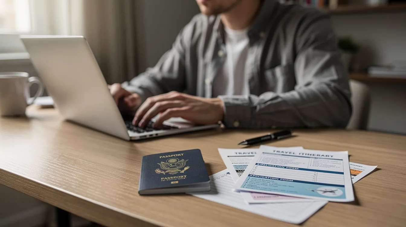A person is sitting at a desk, focused on their laptop while surrounded by a passport and various immigration documents, likely preparing for an appointment at the registration office. This scene reflects the process of immigration registration and the necessary steps applicants must take to ensure their details are complete and up to date.