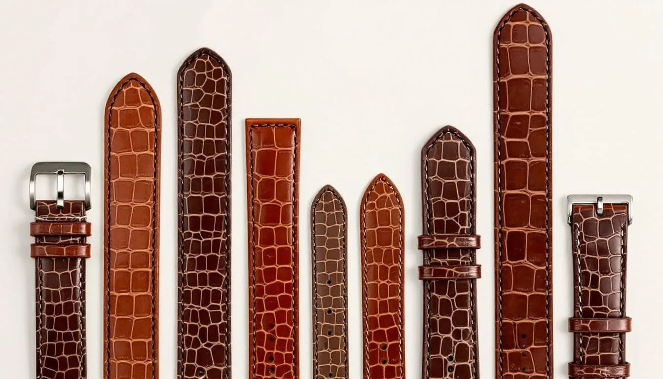 An array of brown alligator watch straps is displayed, showcasing various sizes and tapered profiles, highlighting the craftsmanship and sophistication of these unique alligator leather accessories. Each strap is designed to enhance the elegance of any watch, making it easy to choose the perfect fit for your timepiece.