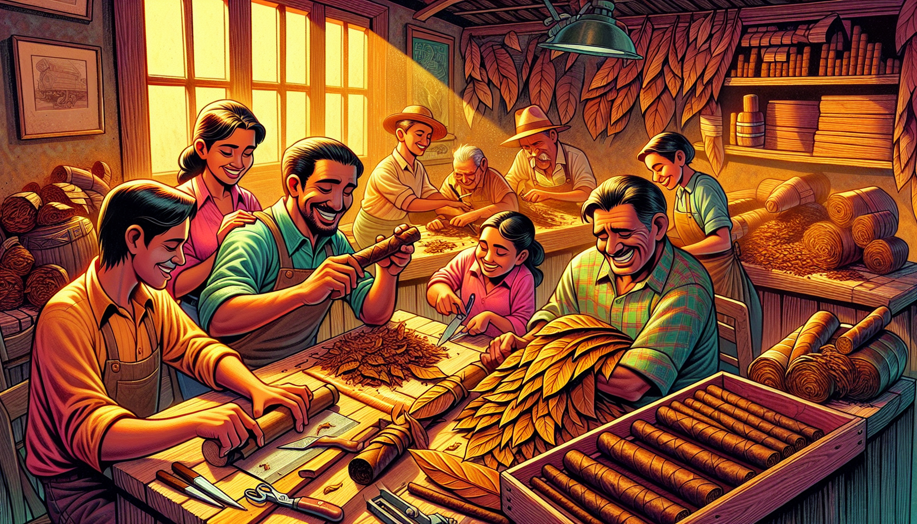 A cartoon representation of the Plasencia family crafting cigars.