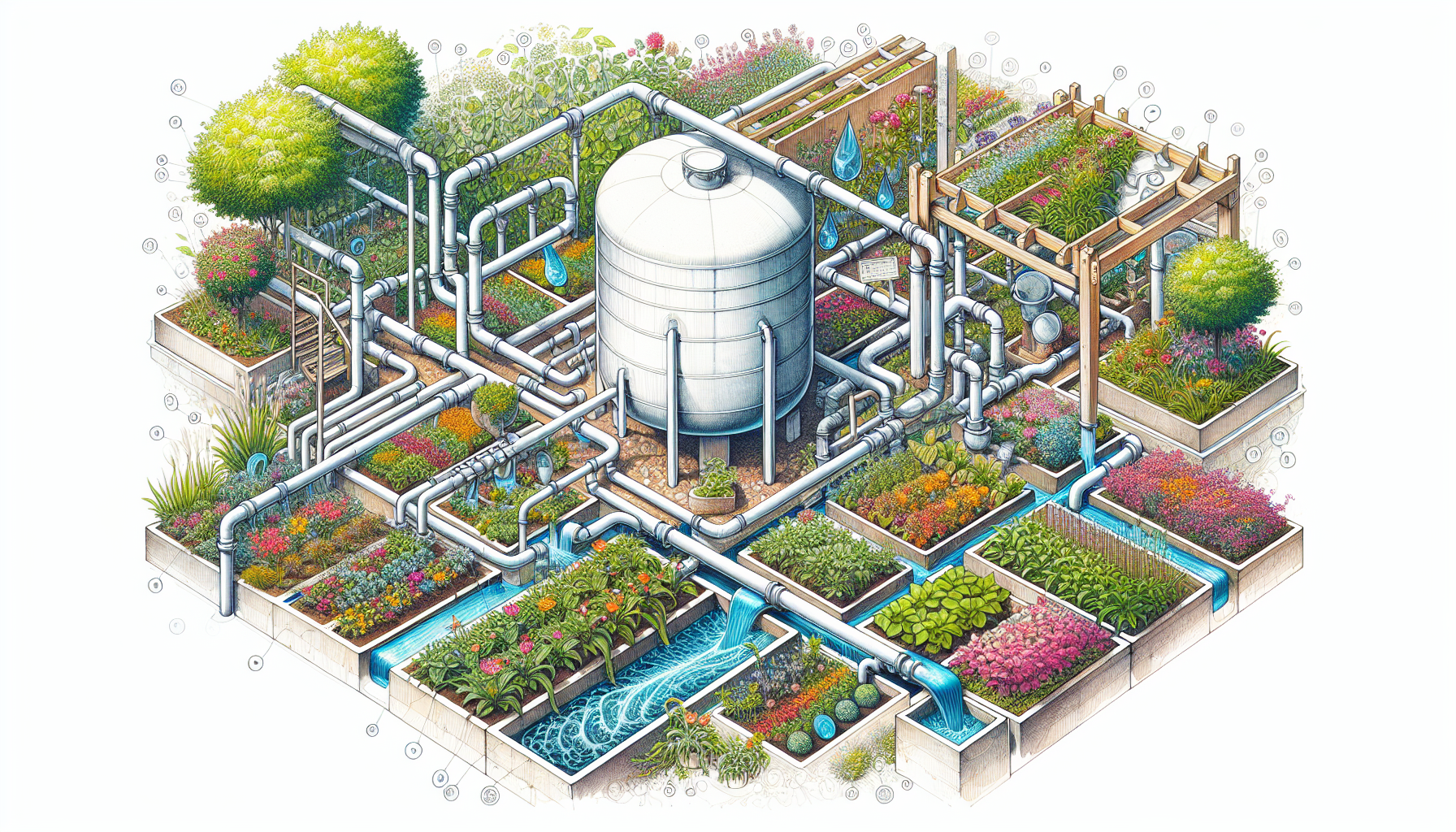 An illustration of a greywater irrigation system setup.