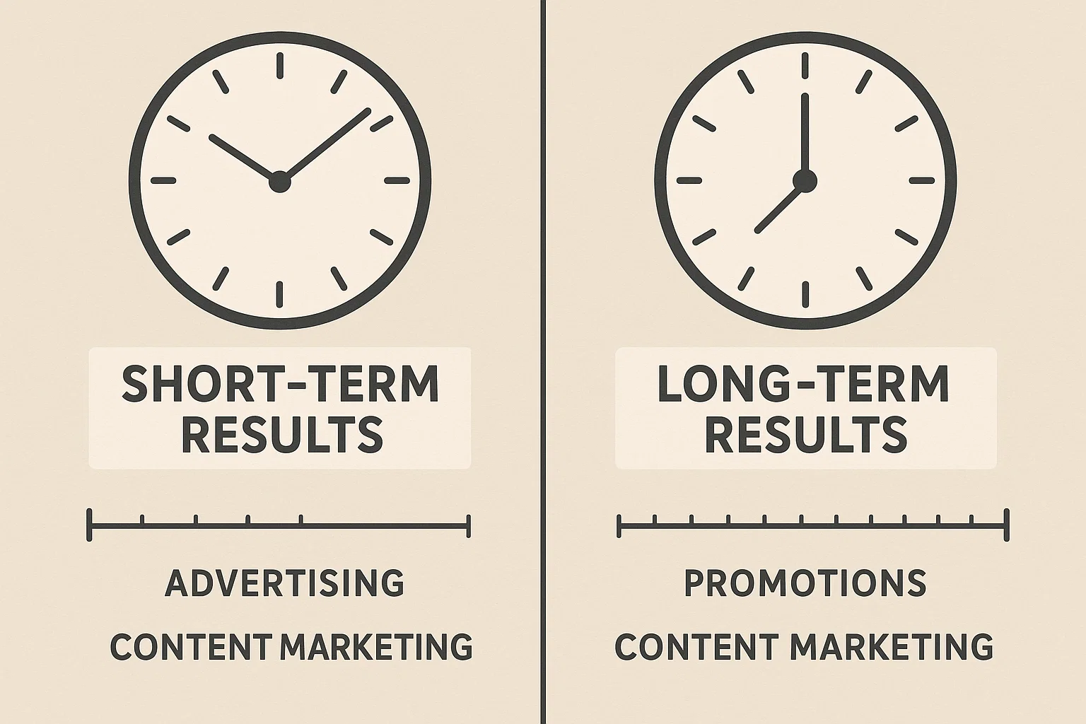 Side-by-side clocks or timelines showing short-term and long-term results from different marketing methods