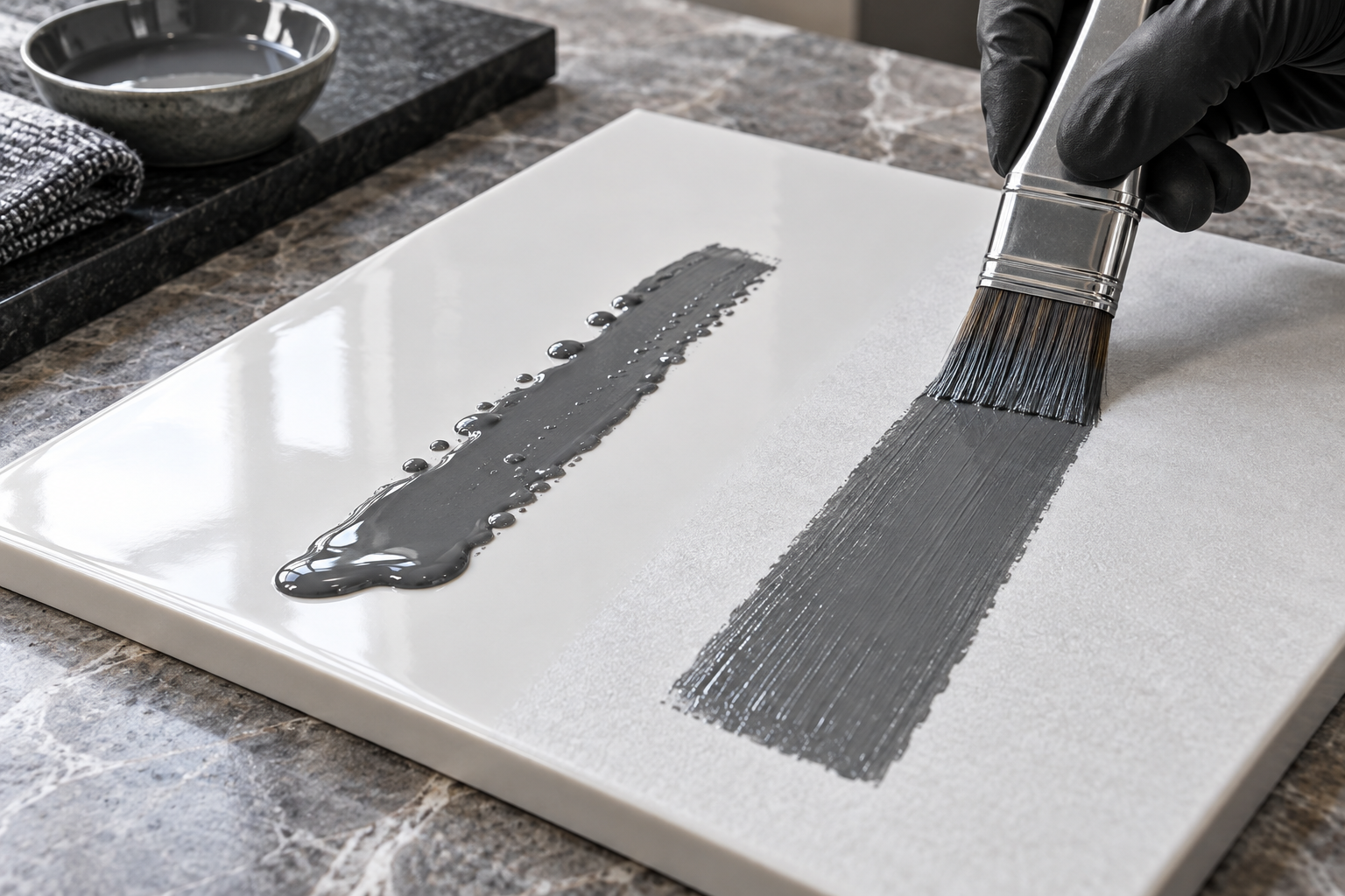 Paint beading on glossy porcelain beside an evenly coated abraded section