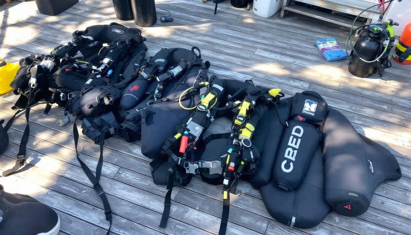 The image displays a variety of buoyancy control devices (BCDs), including jacket styles and wing systems, arranged on a dive boat, showcasing their different buoyancy characteristics. This comparison highlights the importance of proper weighting and buoyancy control for an enjoyable scuba diving experience.