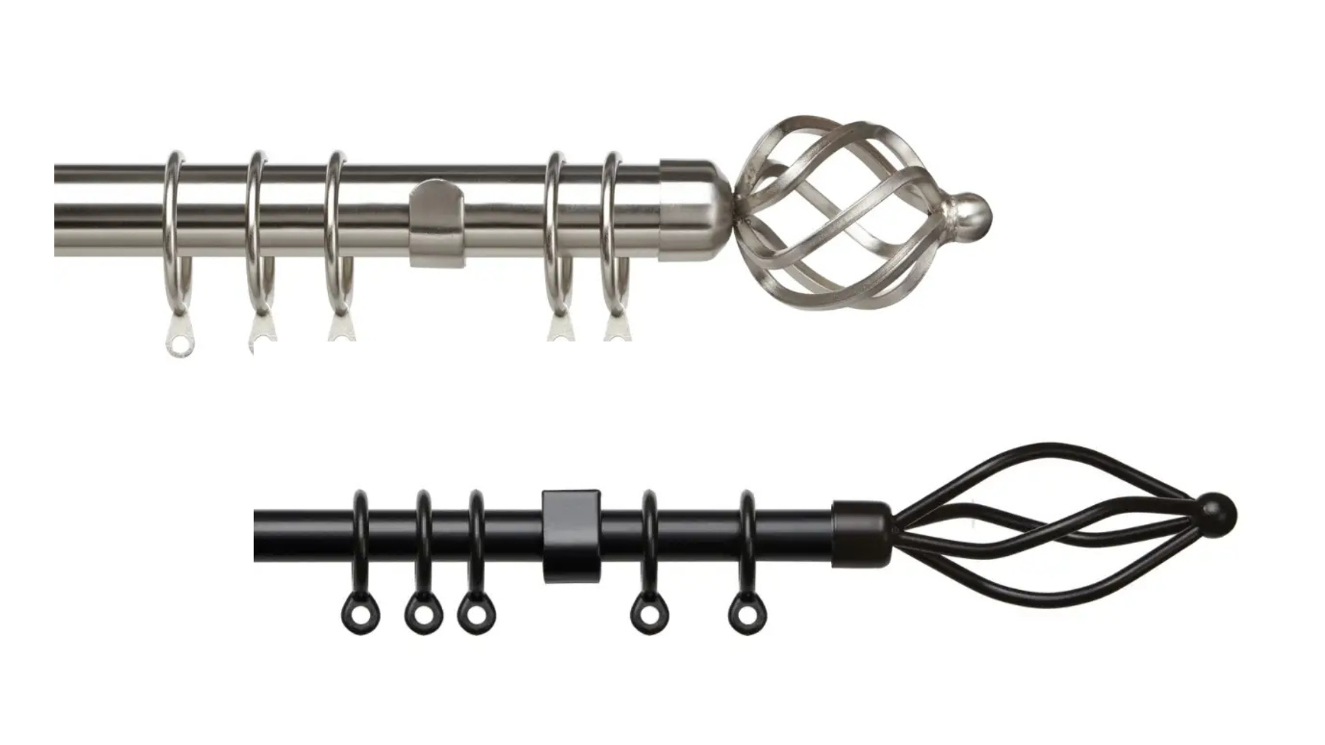chrome metal cutrain pole and a slimline matte black curtain pole both with crown cage finials