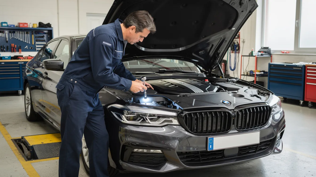 A professional mechanic is seen working under the hood of a BMW sedan in a clean auto shop, utilizing diagnostic tools to ensure quality BMW service and maintenance. The scene highlights the expertise and attention to detail that BMW owners can expect for their vehicles.