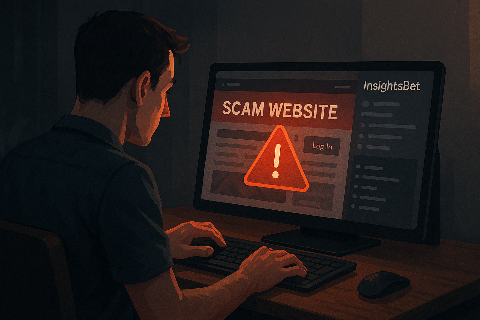 Semi-realistic illustration of a user spotting a scam alert using a betting site checker like InsightsBet, featuring a red flag warning on a suspicious website screen