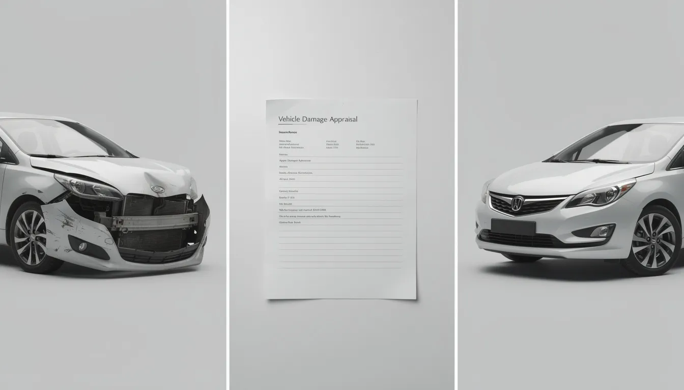 The image sequence depicts a car with front-end damage, followed by an appraisal document, and concludes with a replacement vehicle, all rendered in muted colors. This illustrates the claims process following a minor car accident, emphasizing the importance of insurance coverage and vehicle repairs during winter driving conditions.