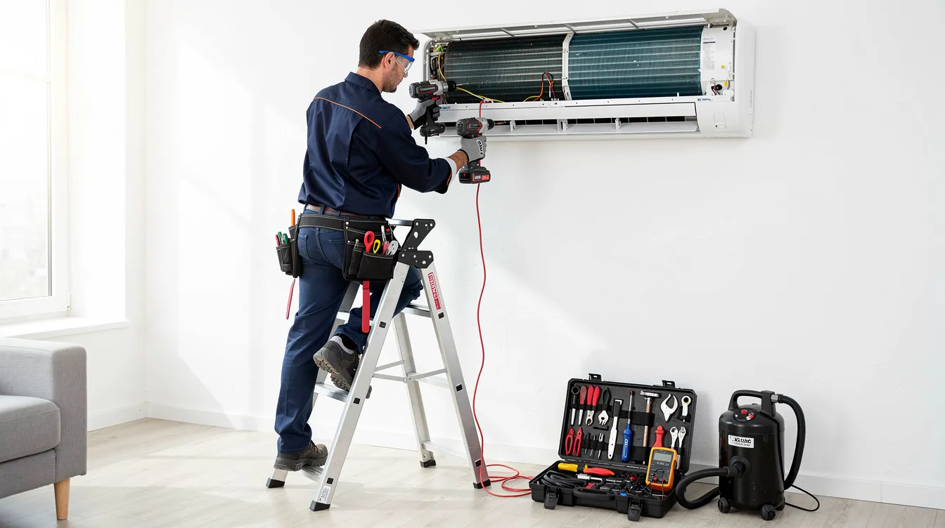 An aircon technician is seen servicing a split system air conditioner, focusing on the indoor unit while ensuring proper electrical connections and maintenance. The technician represents the professional service offered by qualified air conditioning installers, dedicated to providing efficient and reliable solutions for air conditioning systems.