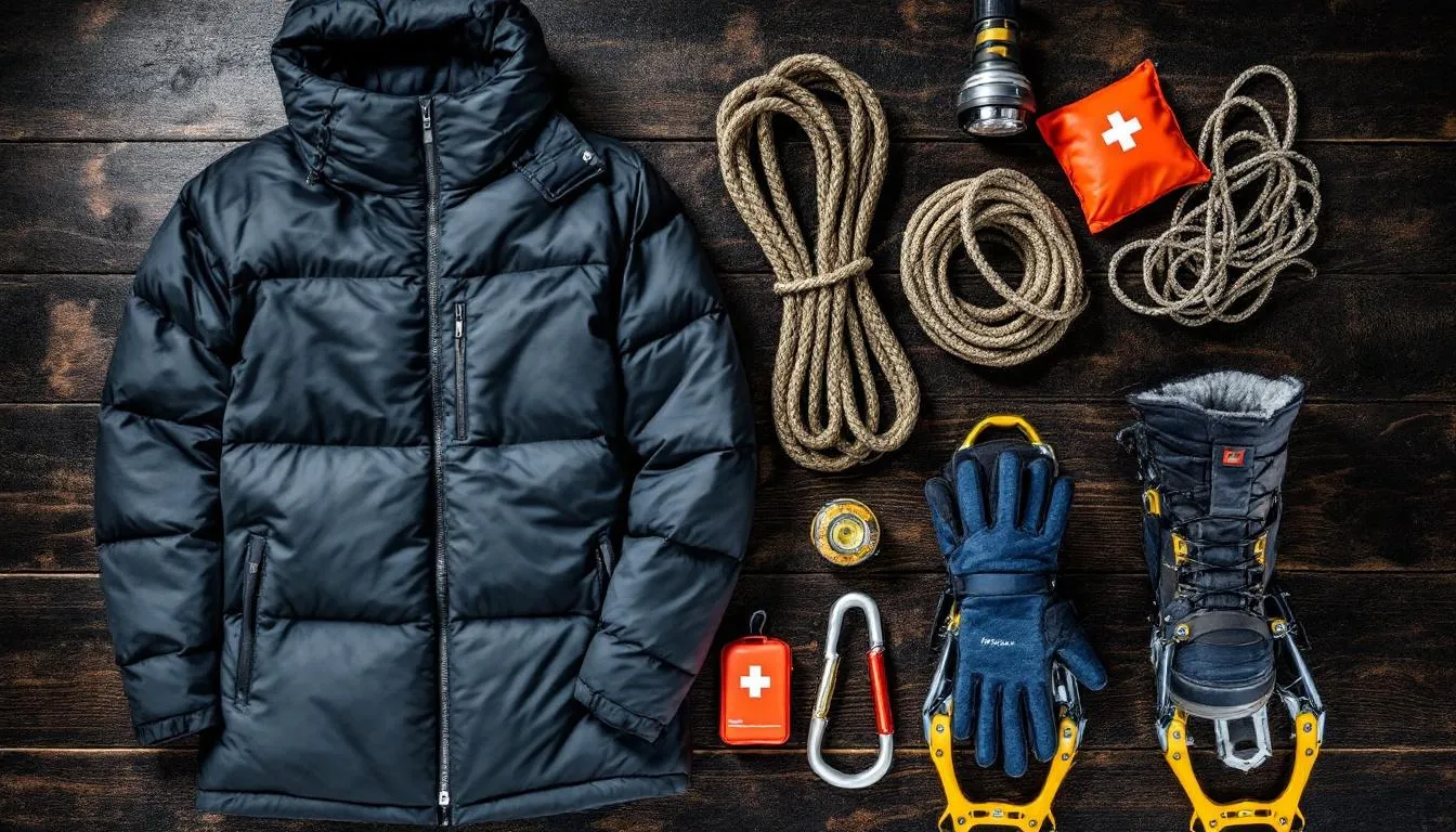 Na stole rozłożony jest kompletny zestaw zimowego wyposażenia bezpieczeństwa, w tym odzież, kolce i lina ratunkowa, które są niezbędne podczas łowienia ryb zimą w trudnych warunkach. Zestaw ten zapewnia odpowiednie przygotowanie dla wędkarzy, którzy chcą skutecznie łowić ryby w chłodnej wodzie.