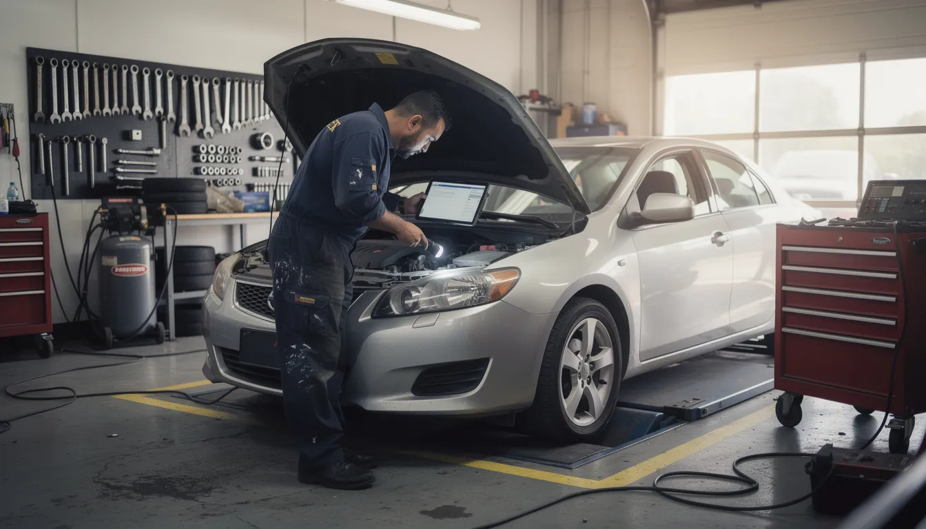 A mechanic is inspecting a used vehicle in a garage, checking for necessary repairs and ensuring it meets safety standards. This thorough vehicle inspection is essential for buyers, especially when considering out of province purchases to verify the vehicle's history and compliance with provincial regulations.