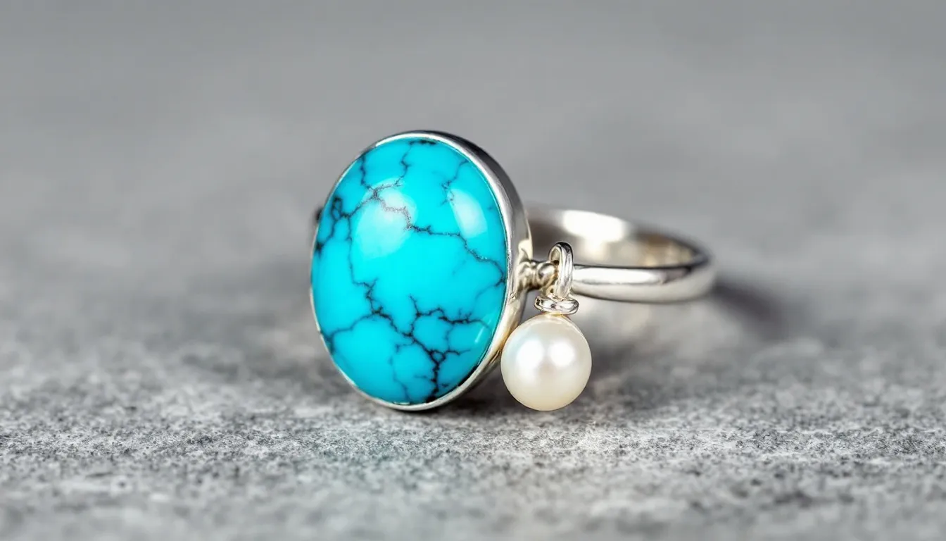 The image features a stunning turquoise and freshwater pearl ring, showcasing the natural beauty of the stones set in elegant sterling silver. This cherished addition to any jewellery collection symbolizes good fortune and is believed to possess anxiety-reducing properties, making it a perfect gift for loved ones.