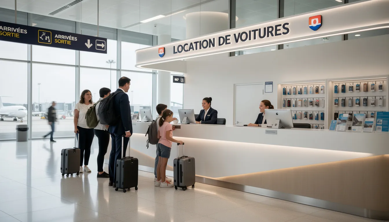 Un comptoir de location de voiture moderne, situé dans un aéroport, accueille des clients en quête de véhicules haut de gamme. Des affichages de tarifs et de conditions de réservation sont visibles, tandis que des agents assistent les locataires avec les documents nécessaires pour la prise en charge de leur voiture.