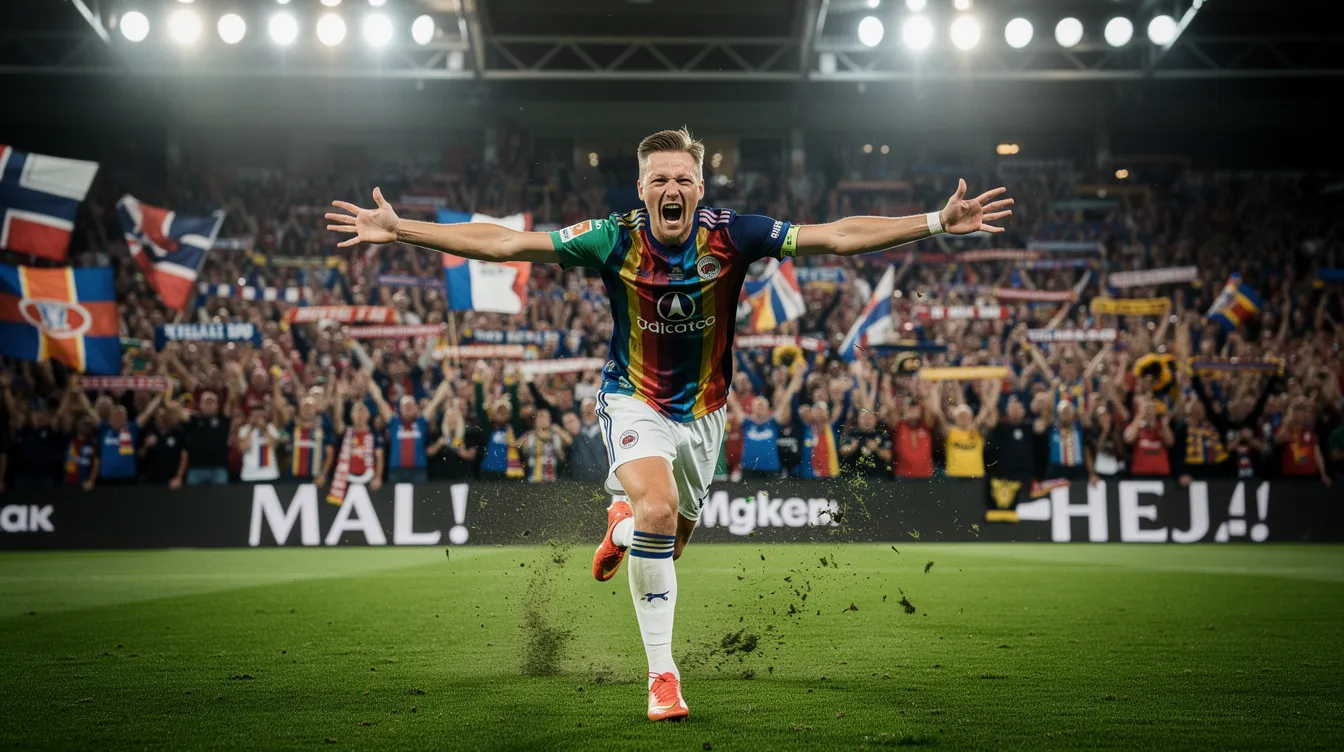 En fotbollsspelare i rörelse firar ett mål med armarna utsträckta mot jublande fans, vilket skapar en euforisk stämning på stadion under en match i UEFA Champions League. I bakgrunden syns glada supportrar som hejar på sitt lag, vilket förstärker känslan av gemenskap och spänning i turneringen.