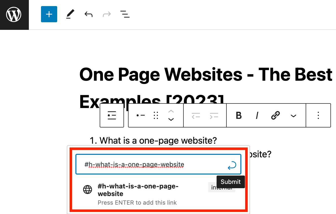 Enter a hashtag (#) before you paste the html anchor. Click on submit or press enter