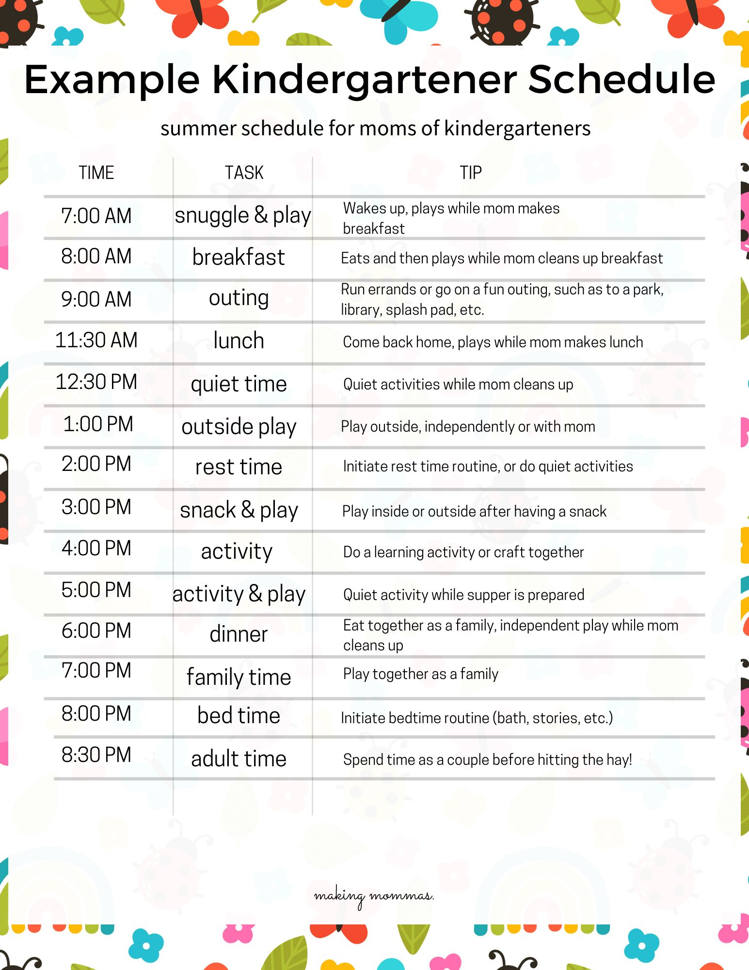 summer sample schedule for kindergarten
