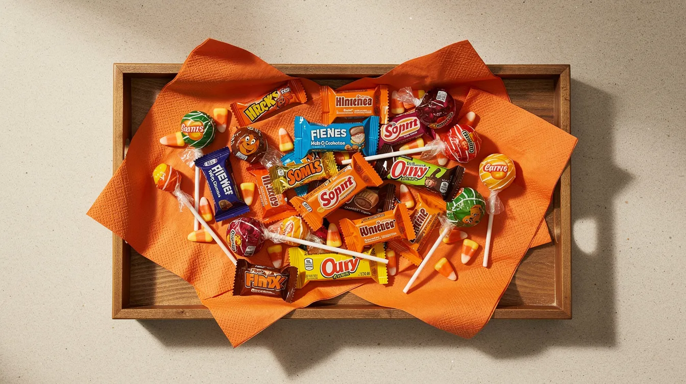 A simple wooden tray is filled with an assortment of store-bought Halloween treats, including candy corn, candy pumpkins, and chocolate snacks, all neatly arranged with bright orange napkins for a festive touch. This Halloween snack board is perfect for entertaining friends and family at a Halloween party.