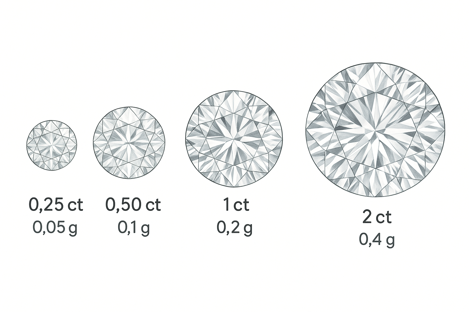 Pavaizduotas svoris gramais pagal deimanto karatus