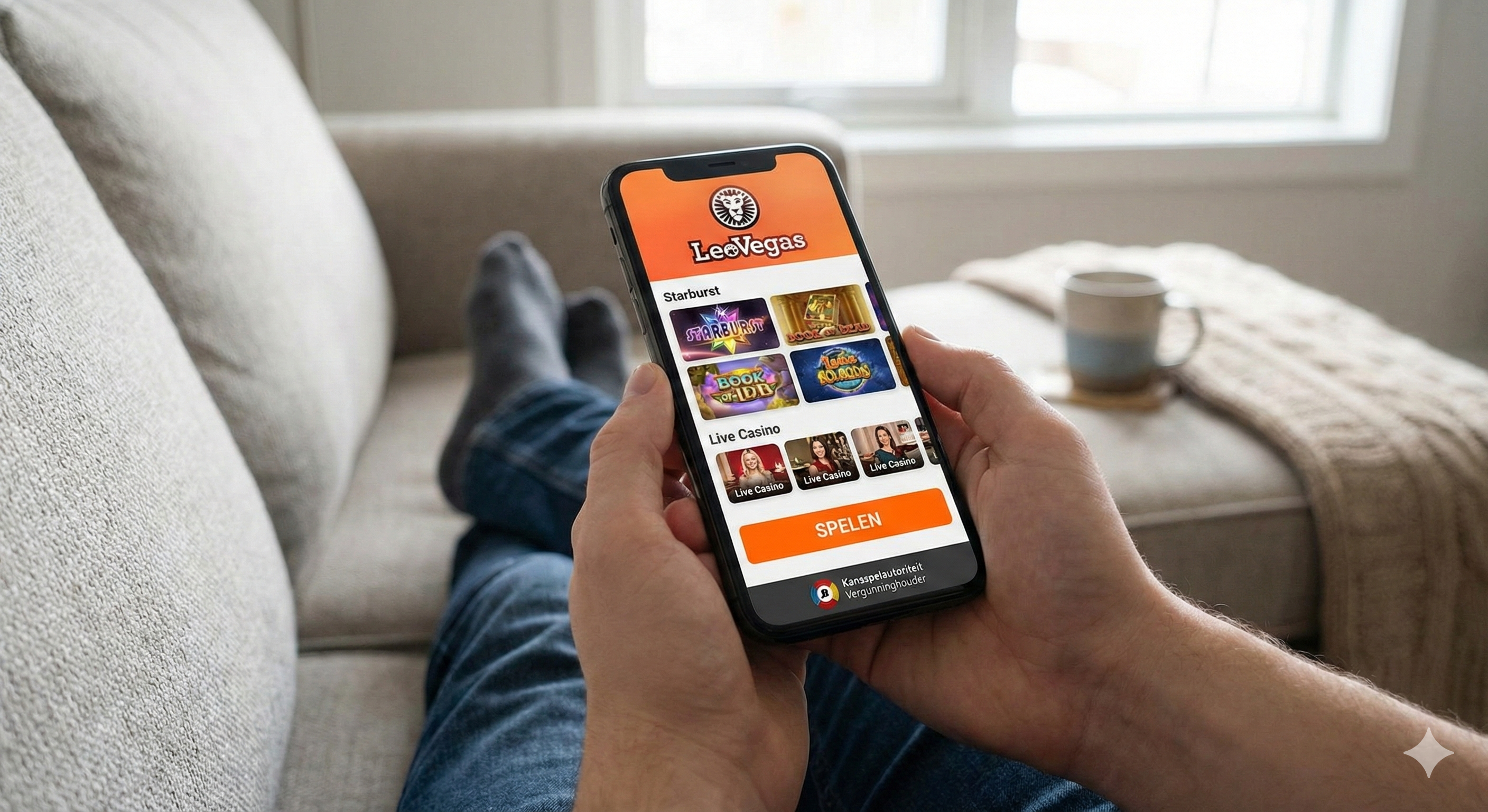 Persoon gebruikt LeoVegas app op smartphone terwijl hij thuis op de bank zit.