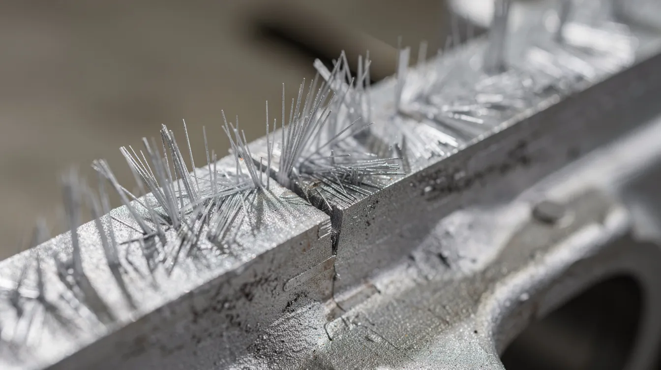 The image shows a close-up view of an aluminum die casting part, highlighting thin flash fins along the parting line edge, which are common die casting defects. This detail emphasizes the importance of controlling injection pressure and metal temperature during the die casting process to enhance surface quality and reduce finishing costs.