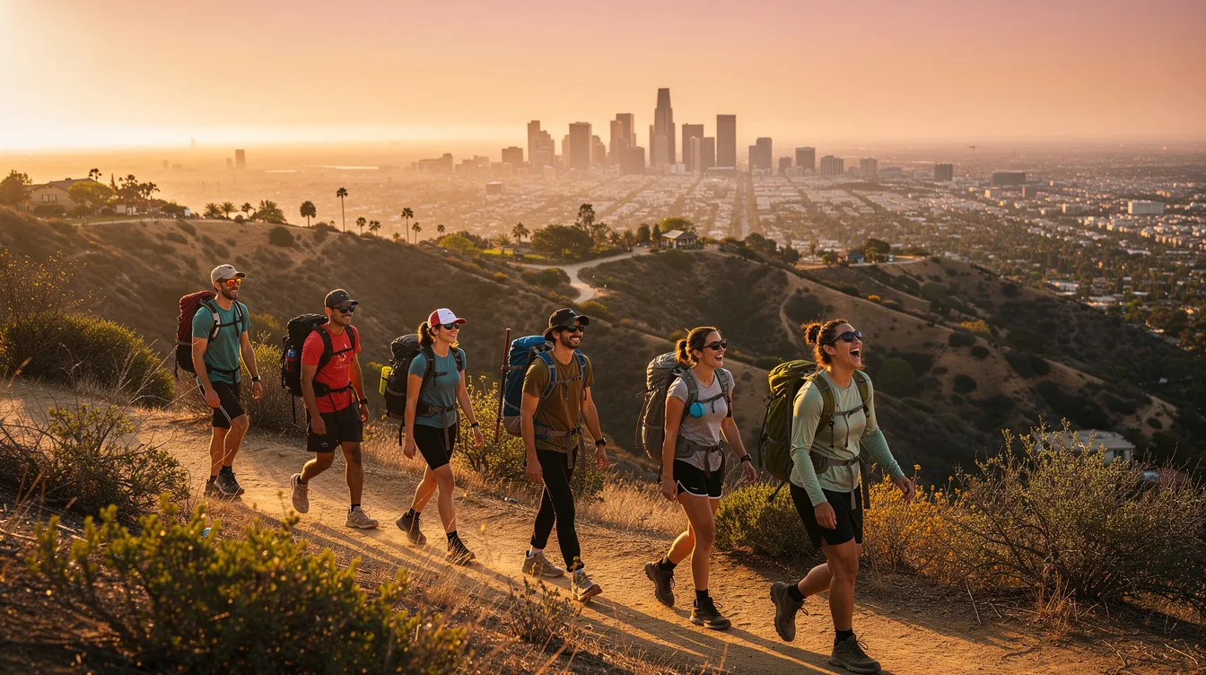 A group of people is hiking on a scenic trail, surrounded by the beautiful hills of Los Angeles, with the cityscape visible in the distance. The atmosphere is vibrant and friendly, perfect for singles looking to connect with new people while enjoying nature.