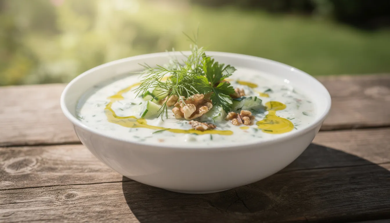 Un cuenco de tarator, una sopa fría típica de la cocina búlgara, se presenta decorado con hierbas frescas en un entorno soleado de verano. Este plato refrescante, que combina yogur, pepino y ajo, es ideal para disfrutar en un día caluroso.