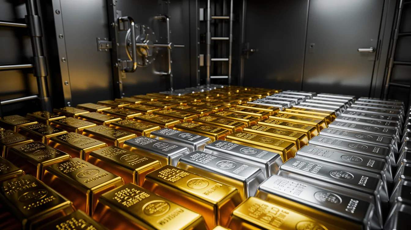 In einem professionellen Tresorraum sind glänzende Gold- und Silberbarren ordentlich aufgereiht, die für die sichere Lagerung von Edelmetallen stehen. Diese wertvollen Schätze symbolisieren Sicherheit und Vertrauen in die Dienstleistungen von Elementum International AG.