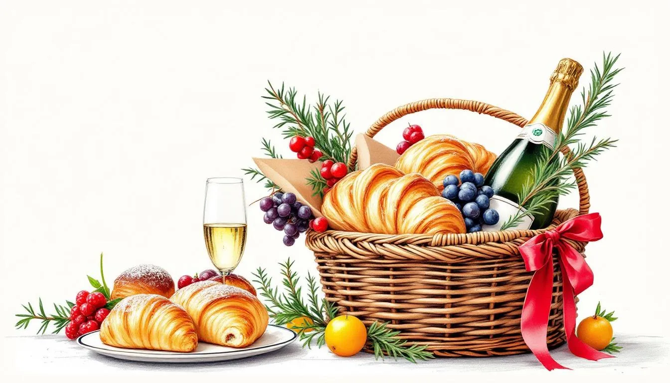 An elegant breakfast basket featuring gourmet touches.