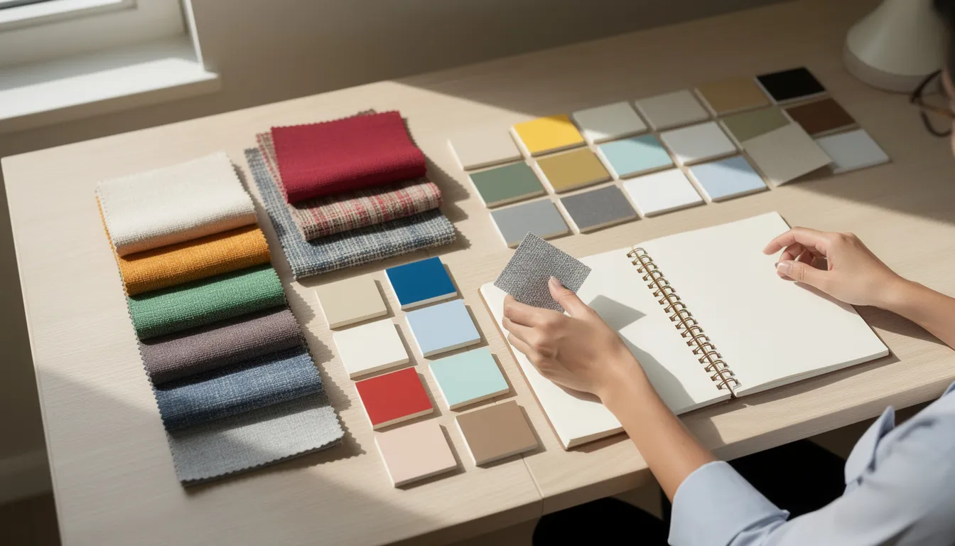 A person is organizing various fabric samples and paint chips on a desk, accompanied by a notebook, as they plan for an interior design project. This careful arrangement reflects their focus on design choices and helps avoid costly mistakes, ensuring clear communication and long-term value for the space.