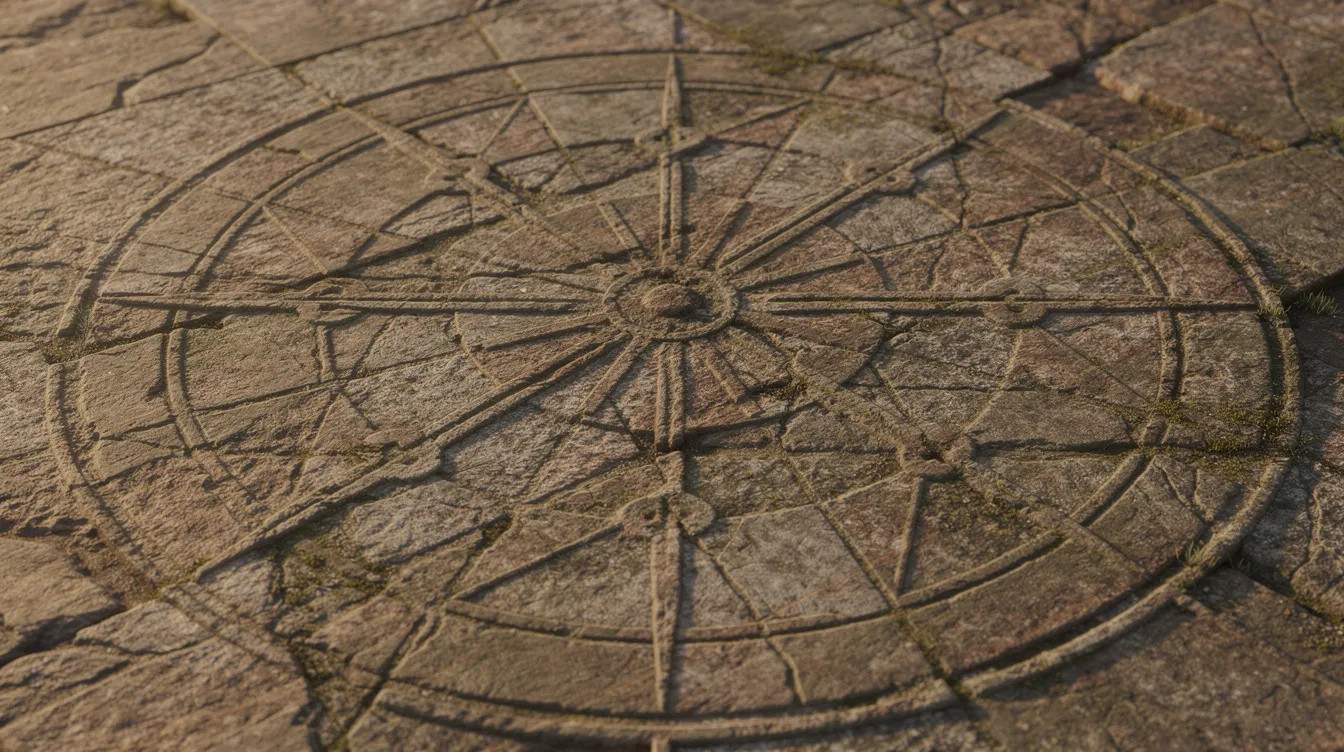 The image depicts an ancient stone pavement featuring a circular game board intricately carved into the surface, with radiating lines and intersection points, reminiscent of traditional games played around the world. This star-shaped board invites players to engage in fun games, potentially involving two teams competing in a strategic challenge.